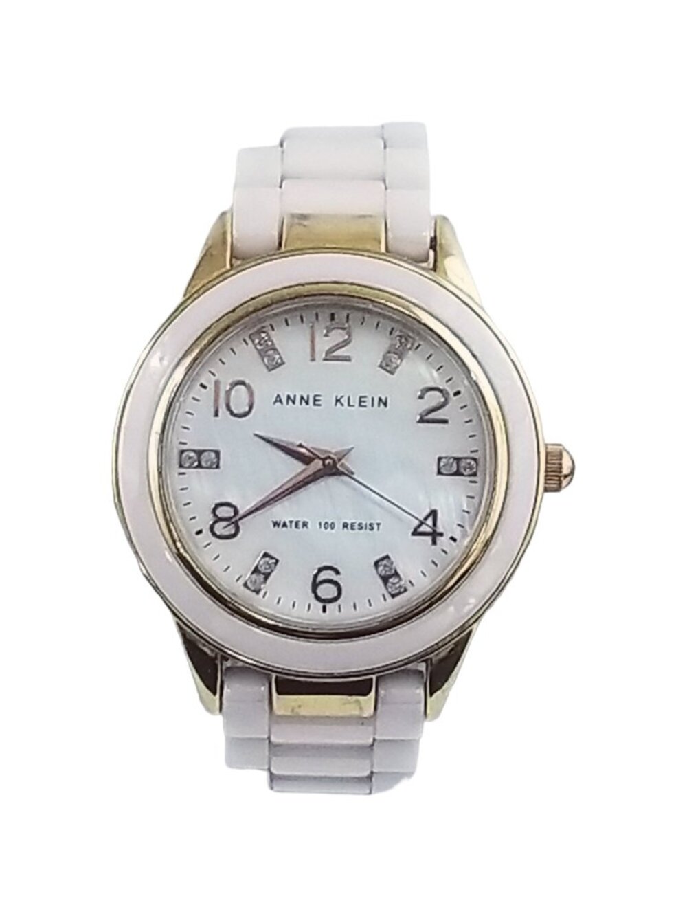 Anne Klein Women's Pink Enamel Gold Tone Watch Mother of Pearl Stainless Steel